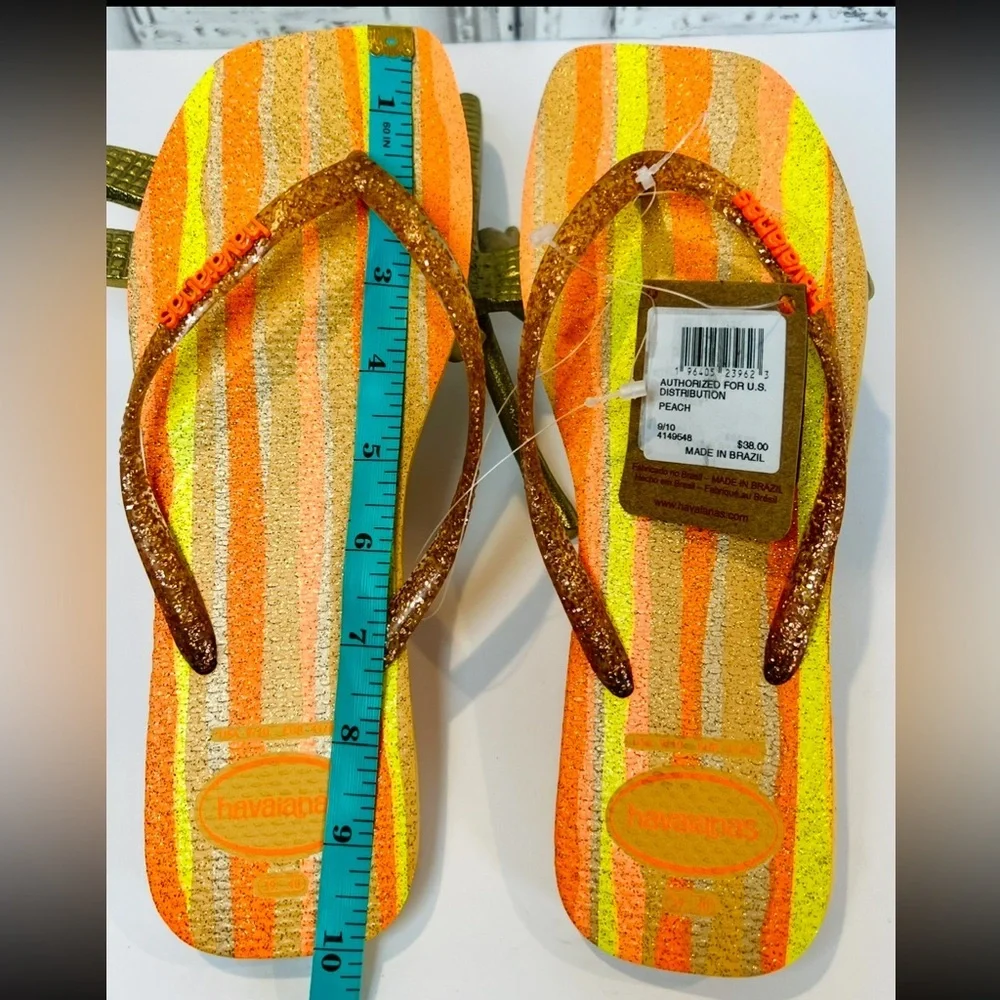 NWT Havaianas Slim Square Folia Flip Flops Glitter Striped Wom 9/10 Peach Orange - Picture 9 of 14